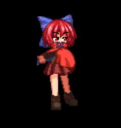 Rule 34 | animated, animated gif, ankle boots, attack, black footwear, boots, bow, cape, cloak, collar, commentary, hair bow, headless, isu (is88), jumping, lowres, pixel art, pleated skirt, red cape, red cloak, red eyes, red hair, sekibanki, skirt, spinning, sprite, touhou, transparent background
