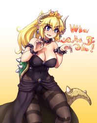 Rule 34 | 1girl, :d, armlet, bare shoulders, black dress, black nails, black pantyhose, blonde hair, blue eyes, blue gemstone, bowsette, bracelet, breasts, breath weapon, breathing fire, brooch, brown pantyhose, claw pose, cleavage, collar, collarbone, commentary, covered navel, cowboy shot, crown, dress, earrings, english commentary, english text, eyes visible through hair, fang, fingernails, fire, gem, gradient background, hair between eyes, hater (hatater), highres, horns, jewelry, large breasts, leotard, long fingernails, long hair, mario (series), nail polish, new super mario bros. u deluxe, nintendo, open mouth, panties, pantyhose, pointy ears, see-through, sharp fingernails, smile, solo, spiked armlet, spiked bracelet, spiked collar, spiked shell, spiked tail, spikes, strapless, strapless dress, striped clothes, striped pantyhose, super crown, tail, thick eyebrows, thighs, turtle shell, underwear, white background, yellow background