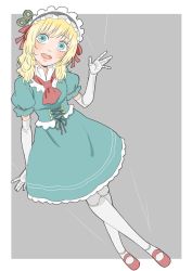 Rule 34 | 1girl, absurdres, ascot, bad id, bad twitter id, blonde hair, blue dress, blue eyes, collar, corset, crossed legs, doll joints, donguri suzume, dress, elbow gloves, frilled collar, frills, gloves, grey background, hair ribbon, head tilt, headdress, highres, joints, looking at viewer, marionette, mary-chan no channel, mary android, mary janes, medium hair, pantyhose, puppet, red footwear, red ribbon, ribbon, shoes, simple background, string, virtual youtuber, waving, wavy hair, white pantyhose, winding key