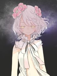 Rule 34 | bare shoulders, black background, closed mouth, flower, glowing, glowing eyes, hair flower, hair ornament, highres, kudou chitose, midriff, navel, nijisanji, open clothes, ribbon, smile, solo, star (symbol), starry background, virtual youtuber, white hair, yellow eyes, yoshida on