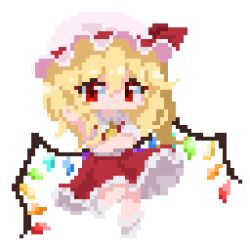 Rule 34 | 1girl, ascot, blonde hair, crossed arms, crystal wings, dress, flandre scarlet, full body, hat, hat ribbon, hong yin, mob cap, pixel art, red dress, red eyes, red ribbon, ribbon, simple background, solo, touhou, white background, yellow ascot