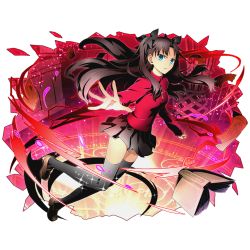 Rule 34 | 10s, 1girl, black ribbon, black skirt, black thighhighs, blue eyes, book, brown hair, divine gate, fate/stay night, fate (series), floating hair, full body, hair ribbon, long hair, miniskirt, official art, outstretched arm, pleated skirt, red shirt, ribbon, shirt, skirt, solo, thighhighs, tohsaka rin, transparent background, two side up, ucmm, very long hair, zettai ryouiki