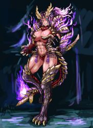 Rule 34 | 1girl, abs, armor, blue eyes, breasts, claws, dragon tail, facial tattoo, glowing, highres, horns, large breasts, looking at viewer, magai magado, monster girl, monster hunter (series), muscular, muscular female, panties, personification, purple hair, scowl, stomach, tail, tattoo, thighs, udetamago, underwear