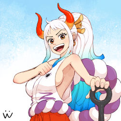 Rule 34 | 1girl, ahoge, armpits, bare arms, bare shoulders, blue hair, breasts, chain, club, club (weapon), curled horns, dress, earrings, green hair, hair ornament, hair stick, hakama, hand on own chest, high ponytail, holding, holding weapon, hoop earrings, horns, japanese clothes, jewelry, kanabou, kimono, kusasugimath, large breasts, long hair, looking at viewer, multicolored hair, multicolored horns, one piece, oni, open mouth, orange eyes, orange horns, pants, red horns, rope, shimenawa, sideboob, signature, simple background, sleeveless, sleeveless kimono, smile, solo, upper body, very long hair, weapon, white background, white hair, yamato (one piece)