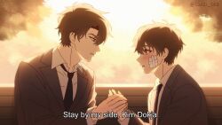 Rule 34 | 2boys, bandage on face, bandages, black hair, black necktie, blush, commentary, english commentary, english text, highres, holding hands, kim dokja, long sleeves, looking at another, male focus, multiple boys, necktie, omniscient reader&#039;s viewpoint, school uniform, short hair, subtitled, taozi tea, yaoi, yoo joonghyuk