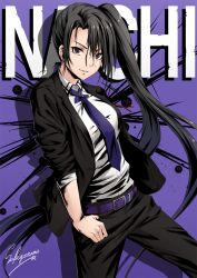 Rule 34 | 1girl, artist name, belt, black hair, black jacket, black pants, buckle, character name, collared shirt, dress shirt, formal, grey eyes, grin, hand on own thigh, hand on thigh, jacket, kantai collection, long hair, looking at viewer, nachi (kancolle), necktie, open clothes, open jacket, pant suit, pants, purple background, purple belt, purple necktie, sakiyamama, shirt, side ponytail, signature, smile, solo, suit, very long hair, white shirt