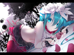 Rule 34 | 1girl, flower, hair flower, hair ornament, hatsune miku, letterboxed, looking at viewer, midriff, nisoku hokou (vocaloid), project diva (series), red thighhighs, skirt, solo, thighhighs, vocaloid, yoaferia