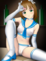 Rule 34 | 1girl, amami haruka, ascot, bare shoulders, bikini, blue ascot, blush, breasts, brown hair, cameltoe, collarbone, condom, covered erect nipples, elbow gloves, female focus, gloves, green eyes, head tilt, highres, idolmaster, idolmaster (classic), indoors, knee up, looking at viewer, mary janes, medium breasts, navel, neckerchief, nipples, no bra, pussy juice, pussy juice puddle, sailor bikini, sailor collar, sailor swimsuit, sailor swimsuit (idolmaster), samejima minoru, school uniform, see-through, serafuku, shoes, sitting, solo, swimsuit, thighhighs, thighs, white thighhighs