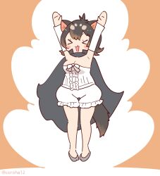 Rule 34 | 1girl, animal ears, bare shoulders, black hair, blackbuck (kemono friends), blackbuck (kemono friends) (cosplay), blush, bow, breasts, brown hair, cape, center frills, cleavage, coroha, corset, cosplay, detached sleeves, extra ears, frills, jumping, kemono friends, kemono friends 3, large breasts, multicolored hair, open mouth, puffy shorts, short hair, shorts, smile, tail, tasmanian devil (kemono friends), tasmanian devil ears, tasmanian devil tail, two-tone hair