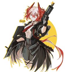 Rule 34 | 1girl, arknights, black coat, black gloves, black skirt, breasts, bright pupils, closed mouth, coat, collared shirt, cropped legs, dual wielding, feather hair, fiammetta (arknights), fingerless gloves, gloves, gradient hair, gun, hair between eyes, high-waist skirt, highres, holding, holding gun, holding weapon, long sleeves, looking at viewer, medium breasts, multicolored hair, necktie, open clothes, open coat, red eyes, red hair, red necktie, shirt, short hair, skirt, solo, sparkle, thigh strap, two-tone background, weapon, white background, white shirt, yellow background