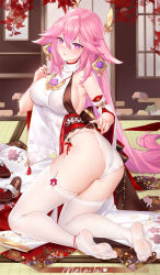 Rule 34 | 1girl, absurdres, anklet, ass, bare shoulders, blouse, breasts, covered erect nipples, detached sleeves, earrings, feet, floppy ears, garter straps, genshin impact, hair ornament, highres, japanese clothes, jewelry, kimono, kneeling, lace trim, large breasts, long hair, long sleeves, looking at viewer, looking back, melailai, no bra, obi, panties, panty pull, parted lips, pink eyes, pink hair, sandals, unworn sandals, sash, shirt, sideboob, solo, string panties, thighhighs, twisted torso, underwear, very long hair, white kimono, white panties, white shirt, wide sleeves, yae miko