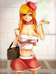 Rule 34 | 1girl, absurdres, at2., bag, bare shoulders, blush, crop top, grin, handbag, highres, long hair, looking at viewer, minecraft, one eye closed, orange hair, personification, red skirt, skirt, smile, solo, strapless, teeth, tube top