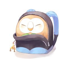 Rule 34 | animal focus, backpack, bad id, bad pixiv id, bag, beak, bird, blush, closed eyes, creatures (company), game freak, gen 7 pokemon, in bag, in container, leaf, mei (maysroom), nintendo, no humans, owl, pokemon, pokemon (creature), pokemon sm, rowlet, shadow, signature, simple background, solo, unzipped, white background, wings, zipper