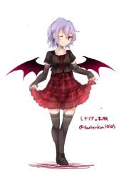Rule 34 | 1girl, alternate costume, black thighhighs, casual, collarbone, contemporary, detached sleeves, looking at viewer, one eye closed, purple hair, red eyes, remilia scarlet, short hair, signature, simple background, skirt, skirt hold, smile, solo, thighhighs, touhou, toutenkou, white background, wings