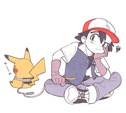 Rule 34 | 1boy, ash ketchum, baseball cap, black eyes, black hair, bright pupils, buttons, closed eyes, closed mouth, creatures (company), game freak, gen 1 pokemon, gloves, grey pants, hat, holding, jacket, leash, male focus, nintendo, oharu-chan, open clothes, open jacket, pants, pikachu, pokemon, pokemon (anime), pokemon (classic anime), pokemon (creature), pokemon ep001, rubber gloves, shoes, short hair, short sleeves, simple background, sitting, sneakers, squiggle, u u, white background, white pupils