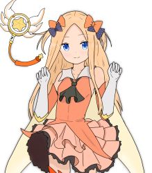 Rule 34 | 1girl, abigail williams (fate), ascot, atsumisu, bad id, bad pixiv id, bare shoulders, black ascot, black bow, blonde hair, blue eyes, blush, bow, brown skirt, closed mouth, collarbone, collared shirt, commentary request, cosplay, cowboy shot, detached sleeves, elbow gloves, fate/grand order, fate/kaleid liner prisma illya, fate (series), forehead, gloves, hair bow, hands up, highres, kaleidostick, long hair, long sleeves, magical ruby, orange bow, orange shirt, orange sleeves, orange thighhighs, parted bangs, pleated skirt, polka dot, polka dot bow, prisma illya, prisma illya (cosplay), shirt, simple background, skirt, sleeveless, sleeveless shirt, smile, solo, thighhighs, two side up, very long hair, wand, white background, white gloves