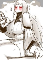 Rule 34 | 10s, 1girl, breasts, female focus, huge breasts, kantai collection, long hair, monochrome, morisoba (silent hill), pale skin, plump, red eyes, seaport princess, sitting, solo, tears, thighs, white hair