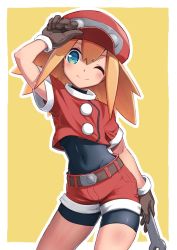 Rule 34 | 1girl, adjusting eyewear, belt, bike shorts, bike shorts under shorts, blonde hair, blush, brown gloves, cabbie hat, covered navel, facing viewer, gloves, green eyes, hair between eyes, hat, highres, holding, holding wrench, long hair, looking at viewer, mega man (series), mega man legends (series), one eye closed, outside border, red hat, red shorts, roll caskett (mega man), short sleeves, shorts, simple background, smile, solo, wrench, yellow background