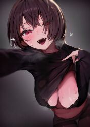 Rule 34 | absurdres, black bra, blush, bra, breasts, brown hair, cleavage, clothes lift, earrings, eyes visible through hair, fang, fangs, highres, jewelry, large breasts, lifting own clothes, navel, one eye covered, open mouth, original, pomesaurus, red eyes, short hair, stomach, thighhighs, underwear, zettai ryouiki