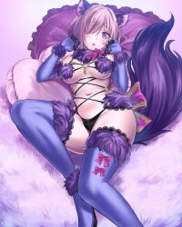 Rule 34 | 1girl, animal ear fluff, animal ears, bikini, blush, boots, bow, breasts, claw pose, cross-laced clothes, curvy, elbow gloves, embarrassed, fake nails, fate/grand order, fate (series), fingernails, fur-trimmed gloves, fur-trimmed thighhighs, fur bikini, fur collar, fur trim, gloves, gyoza (pi512126), hair over one eye, heart, heart-shaped pillow, highres, lace, lace-trimmed thighhighs, looking at viewer, lying, mash kyrielight, mash kyrielight (dangerous beast), medium breasts, midriff, narrow waist, navel, official alternate costume, on back, open mouth, pillow, puffy short sleeves, puffy sleeves, purple bikini, purple eyes, purple gloves, purple hair, purple tail, purple thighhighs, revealing clothes, sharp fingernails, short hair, short sleeves, solo, swimsuit, tail, thick thighs, thigh boots, thighhighs, thighs, thong, waist bow, wide hips, wolf ears, wolf tail
