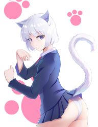 Rule 34 | 1girl, animal ears, ass, blue eyes, blush, bob cut, breasts, cat ears, cat girl, cat tail, closed mouth, cowboy shot, gan-viking, highres, jacket, long hair, long sleeves, looking at viewer, miniskirt, original, panties, paw pose, paw print, pleated skirt, school uniform, shirt, short hair, silver hair, skirt, small breasts, smile, solo, striped, tail, thighs, underwear, white background, white shirt