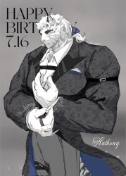 Rule 34 | 1boy, alternate costume, animal ears, arknights, bara, black suit, blue eyes, dated, devotion116, dressing, expressionless, facial hair, formal, furry, furry male, goatee, happy birthday, highres, huge eyebrows, jewelry, large hands, large pectorals, leg belt, long hair, looking ahead, low ponytail, male focus, mature male, mountain (arknights), muscular, muscular male, narrow waist, pants, pectorals, ring, scar, scar across eye, solo, suit, tape, thick arms, thick eyebrows, tiger boy, tiger ears, white fur, white hair
