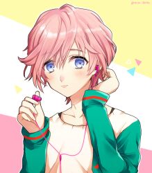 Rule 34 | 1boy, a3!, androgynous, black tank top, blush, closed mouth, earbuds, earphones, green sleeves, long sleeves, looking at viewer, male focus, mia5512, multicolored background, pink background, pink hair, purple eyes, sakisaka muku, shirt, short hair, solo, tank top, white background, yellow background, yellow shirt
