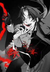 Rule 34 | 1boy, black background, blade (honkai: star rail), blood, blood on hands, deciqm, flower, gradient background, grey background, greyscale, highres, honkai: star rail, honkai (series), jacket, long hair, long sleeves, looking at viewer, male focus, monochrome, open mouth, solo, spider lily, teeth, white background