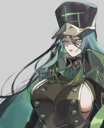 Rule 34 | 1girl, alchemy stars, ascot, black hat, black jacket, breasts, green ascot, green hair, grey background, hat, jacket, large breasts, long hair, migard (alchemy stars), no pupils, parted lips, shindou (fuguri), sideboob, sidelocks, simple background, solo, very long hair, yellow eyes