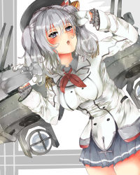 Rule 34 | 10s, 1girl, blush, breasts, cowboy shot, epaulettes, female focus, gloves, hand in own hair, highres, kantai collection, kashima (kancolle), large breasts, military, military uniform, miniskirt, pleated skirt, rigging, grey eyes, silver hair, skirt, solo, tobinoki (dannbouru9345), turret, uniform