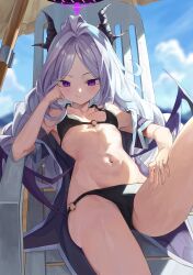 Rule 34 | 1girl, absurdres, ass, beach, bikini, black bikini, black horns, blue archive, breasts, closed mouth, day, demon horns, demon wings, grey hair, halo, highres, hina (blue archive), horns, long hair, looking at viewer, multiple horns, navel, o-ring, o-ring bikini, outdoors, purple eyes, purple wings, rosu 1109, short sleeves, sitting, small breasts, solo, swimsuit, wings