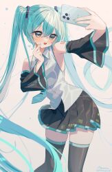 Rule 34 | 1girl, :d, aamana0, absurdres, aqua eyes, aqua hair, aqua nails, aqua necktie, artist name, bare shoulders, black skirt, black thighhighs, cellphone, commentary request, cowboy shot, detached sleeves, grey shirt, hatsune miku, heart, highres, holding, holding phone, long hair, miniskirt, necktie, open mouth, outstretched arm, phone, pleated skirt, selfie, shirt, shoulder tattoo, simple background, skirt, sleeveless, sleeveless shirt, smartphone, smile, solo, standing, tareme, tattoo, thighhighs, twintails, twitter username, very long hair, vocaloid, watermark, white background, zettai ryouiki