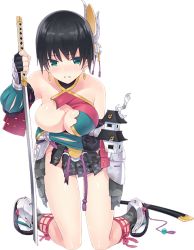 Rule 34 | 1girl, armor, artist request, black hair, breast lift, breasts, earrings, full body, green eyes, hair ornament, jewelry, katana, kneeling, large breasts, looking at viewer, oshiro project:re, oshiro project:re, sakado (oshiro project), sheath, short hair, solo, spread legs, sword, transparent background, unsheathed, weapon