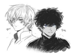Rule 34 | 2boys, alternate hair length, alternate hairstyle, blue eyes, closed mouth, collared shirt, commentary, dark-skinned male, dark skin, dungeon meshi, frown, hair between eyes, hair down, kabru, korean text, laios touden, looking at viewer, monochrome, multiple boys, severed hair, shirt, short hair, simple background, smile, symbol-only commentary, turtleneck, uuo 8o, yellow eyes