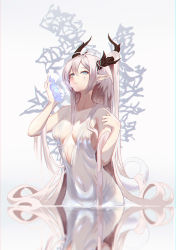 Rule 34 | 1girl, absurdres, bare arms, blue eyes, blue flower, breasts, chinese commentary, chromatic aberration, collarbone, commentary request, covered navel, dress, flower, hands up, highres, holding, holding flower, horns, lic 628, long hair, looking at viewer, medium breasts, original, parted lips, pink hair, plunging neckline, pointy ears, reflection, reflective water, simple background, sleeveless, sleeveless dress, solo, tears, teeth, very long hair, wading, water, white background, white dress