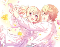 Rule 34 | 1boy, 1girl, :d, absurdres, blonde hair, blush, brother and sister, collared shirt, dancing, dot nose, dress, dutch angle, floating hair, flower, gradient hair, highres, holding hands, interlocked fingers, long hair, long sleeves, md5 mismatch, multicolored hair, open mouth, pink eyes, pink flower, project sekai, red hair, resolution mismatch, sekina, shirt, short hair, siblings, smile, source smaller, tenma saki, tenma tsukasa, white dress, white shirt, yellow flower