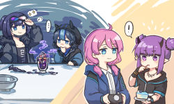 Rule 34 | !, ..., 4girls, absurdres, ahoge, andreana (arknights), animal ears, arknights, bad food, black gloves, black jacket, black shirt, blue eyes, blue hair, blue jacket, blue poison (arknights), cake, cake slice, camera, chinese commentary, collarbone, ear piercing, eating, fingerless gloves, flower, food, glaucus (arknights), gloves, goggles, goggles on head, hair flower, hair ornament, hand in pocket, hand up, highres, holding, holding camera, hood, hood up, ice cream, infection monitor (arknights), jacket, jewelry, lava (arknights), mabing, mask, mask pull, medium hair, mouth mask, multicolored hair, multiple girls, necklace, open clothes, open jacket, pastry bag, piercing, pink hair, plate, pointy ears, ponytail, purple eyes, purple hair, shirt, short hair, short twintails, single glove, smile, spoken ellipsis, spoken exclamation mark, sundae, thinking, tooth necklace, twintails, upper body, utensil in mouth, v-shaped eyebrows, white shirt