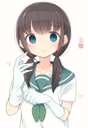 Rule 34 | ..., 1girl, ascot, bad id, bad pixiv id, black hair, blush, commentary request, empty eyes, glove pull, gloves, green eyes, heart, low twintails, mole, nekoume, original, school uniform, serafuku, simple background, smile, solo, twintails