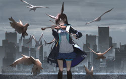 Rule 34 | 1girl, 2k14 chudong, absurdres, alternate hairstyle, amiya (arknights), animal ears, arknights, ascot, bird, black coat, black hair, black pantyhose, blue ascot, blue skirt, bow (music), city, closed eyes, closed mouth, cloud, cloudy sky, coat, day, feet out of frame, hair down, highres, holding, holding bow (music), holding instrument, holding violin, instrument, jewelry, long hair, long sleeves, miniskirt, multiple rings, music, open clothes, open coat, outdoors, pantyhose, plaid, plaid skirt, playing instrument, pleated skirt, rabbit ears, rain, ring, rooftop, shirt, skirt, sky, smile, solo, standing, thighlet, very long hair, violin, white shirt