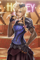 Rule 34 | 1boy, alternate costume, blonde hair, blue dress, blue eyes, bow, braid, cloud strife, collarbone, commentary, crossdressing, dress, english commentary, eyelashes, final fantasy, final fantasy vii, final fantasy vii remake, floral print, frilled dress, frills, hair bow, highres, honey bee inn, indoors, jewelry, long sleeves, male focus, medium hair, necklace, puffy sleeves, sidelocks, sirenlin, solo, square enix, trap, twin braids, wall market