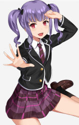 Rule 34 | 1girl, :d, absurdres, asato (fadeless), bang dream!, black bow, black footwear, black jacket, blazer, bow, brown footwear, clenched hand, commentary request, fang, grey background, hair bow, hand to forehead, haneoka school uniform, highres, jacket, long sleeves, necktie, open mouth, outstretched hand, purple hair, purple necktie, purple skirt, red eyes, school uniform, shoes, sidelocks, simple background, sitting, skirt, smile, socks, solo, striped necktie, striped neckwear, twintails, udagawa ako