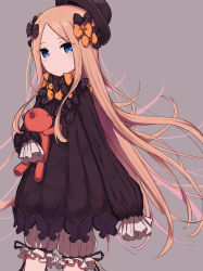 Rule 34 | 1girl, abigail williams (fate), bad id, bad pixiv id, black bow, black dress, black hat, blonde hair, bloomers, blue eyes, blush, bow, bug, butterfly, closed mouth, commentary request, coraman, dress, fate/grand order, fate (series), forehead, grey background, hair bow, hat, head tilt, highres, hugging object, insect, long hair, long sleeves, looking at viewer, orange bow, parted bangs, polka dot, polka dot bow, simple background, sleeves past fingers, sleeves past wrists, solo, stuffed animal, stuffed toy, teddy bear, underwear, very long hair, white bloomers