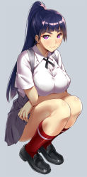 Rule 34 | 1girl, black footwear, blush, breast pocket, breasts, chikugen shiina, closed mouth, crossed arms, dress shirt, ebino mei, full body, grey background, grey skirt, hatsukoi zombie, kneehighs, large breasts, legs together, loafers, long hair, looking at viewer, mole, mole under eye, pleated skirt, pocket, ponytail, purple eyes, purple hair, red socks, shirt, shoes, sidelocks, simple background, skirt, smile, socks, solo, suspender skirt, suspenders, tsurime