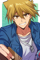 Rule 34 | 1boy, aqua background, blonde hair, blue jacket, brown eyes, card, dog tags, duel disk, grin, hair between eyes, holding, holding card, jacket, jonouchi katsuya, looking at viewer, male focus, mikami (mkm0v0), open clothes, open jacket, shirt, short hair, smile, upper body, white shirt, yu-gi-oh!, yu-gi-oh! duel monsters