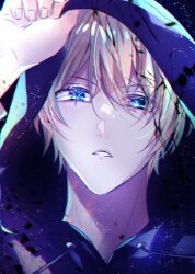 Rule 34 | 1boy, black hoodie, blonde hair, blue eyes, chromatic aberration, commentary, film grain, hair between eyes, hood, hood up, hoodie, hoshino aquamarine, light particles, looking at viewer, mady (madine08260), male focus, mismatched pupils, open mouth, oshi no ko, portrait, short hair, solo, star-shaped pupils, star (symbol), symbol-shaped pupils