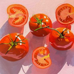 Rule 34 | alt text, close-up, commentary, food, food focus, highres, leahgardnerart, no humans, original, shadow, still life, symbol-only commentary, tomato