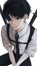 Rule 34 | 1boy, black eyes, black hair, black necktie, chainsaw man, closed mouth, earrings, highres, inuo (inuo x), invisible chair, jewelry, katana, male focus, necktie, neckwear request, scabbard, sheath, sheathed, simple background, sitting, sleeves rolled up, solo, sword, weapon, white background