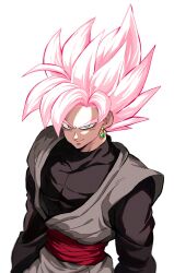 Rule 34 | 1boy, black hair, cowboy shot, dougi, dragon ball, dragon ball super, earrings, evil smile, from above, goku black, highres, jewelry, komesan 0212, long sleeves, looking at viewer, male focus, pink hair, potara earrings, simple background, single earring, smile, solo, spiked hair, super saiyan, super saiyan rose, thick eyebrows, toned, toned male