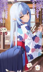 Rule 34 | 1girl, arrow (projectile), blue hair, blue nails, blue skirt, blurry, blurry background, closed mouth, elf, floral print, flower, from behind, hakama, hakama skirt, highres, holding, holding arrow, hololive, japanese clothes, kimono, leaning forward, long hair, long sleeves, looking at viewer, looking back, pointy ears, print kimono, skirt, solo, thomas 8000, very long hair, virtual youtuber, wisteria, yellow eyes, yukihana lamy, yukihana lamy (new year)
