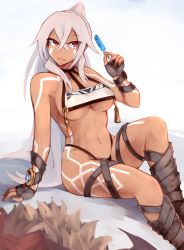 Rule 34 | 1girl, arm support, armpits, azur lane, bare shoulders, black gloves, black panties, blue background, bodypaint, breasts, cape, unworn cape, collarbone, crop top, crop top overhang, crossed bangs, dark-skinned female, dark skin, facepaint, fingerless gloves, food, foreshortening, fur-trimmed cape, fur trim, gloves, gradient background, hand up, head tilt, high ponytail, highleg, highleg panties, highres, holding, holding food, knee up, long hair, marshall k, medium breasts, minneapolis (azur lane), native american, navel, no pants, open mouth, panties, ponytail, popsicle, red eyes, revealing clothes, sidelocks, sitting, solo, sweat, thigh strap, thighs, thong, tongue, underboob, underwear, wavy mouth, white background, white hair, wrist straps